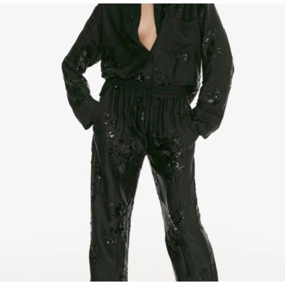 Zara Black Sequin Floral Button Down Shirt and Pants Set Womens XL 2 Piece Suit